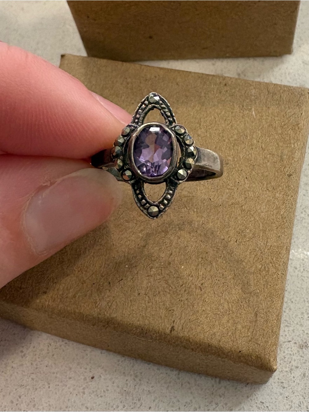 Vintage Sterling Silver Purple Gemstone Marcasite Ring